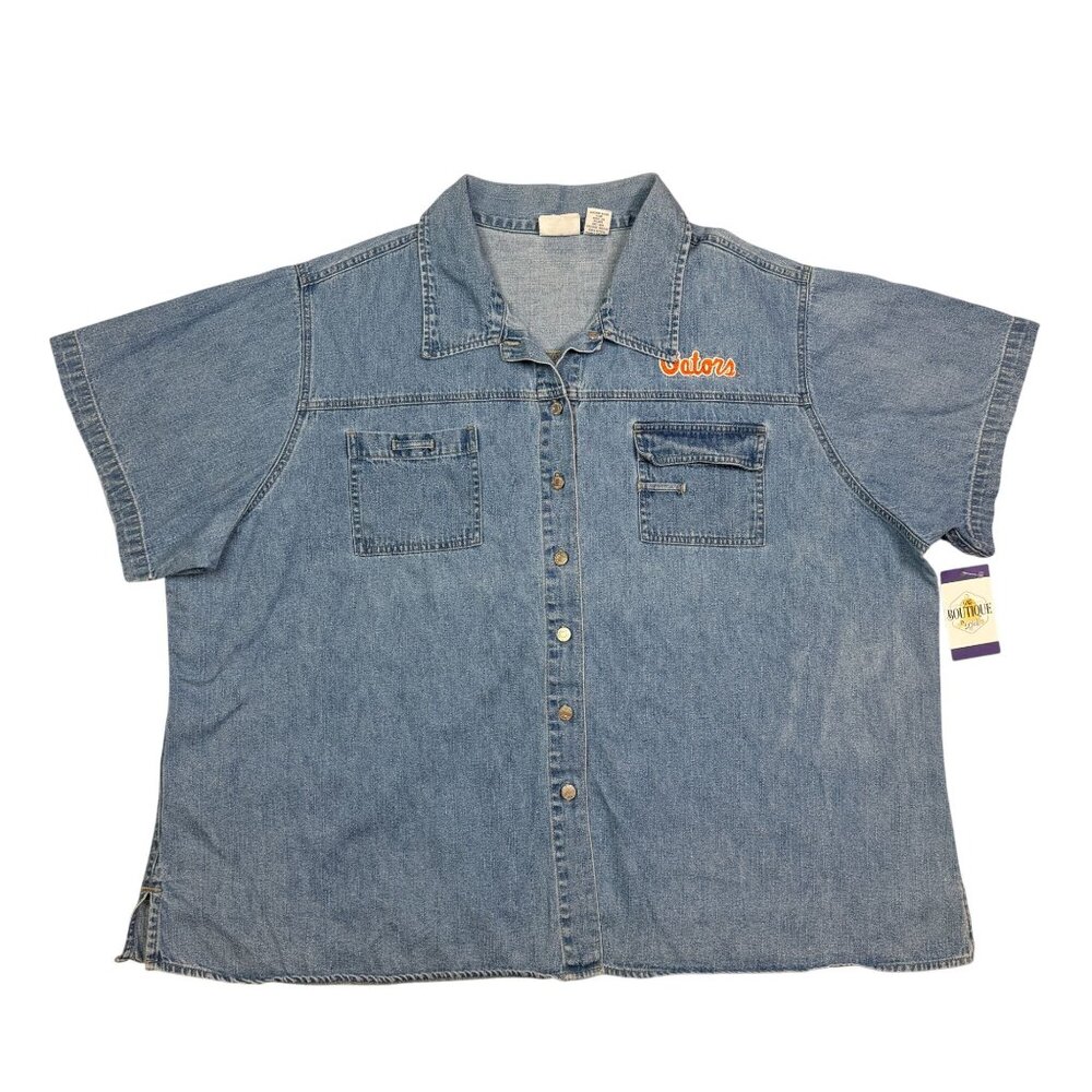 Vtg Gators Denim Button Up Shirt Carolina Blues Womens 28W Embroidered Retro